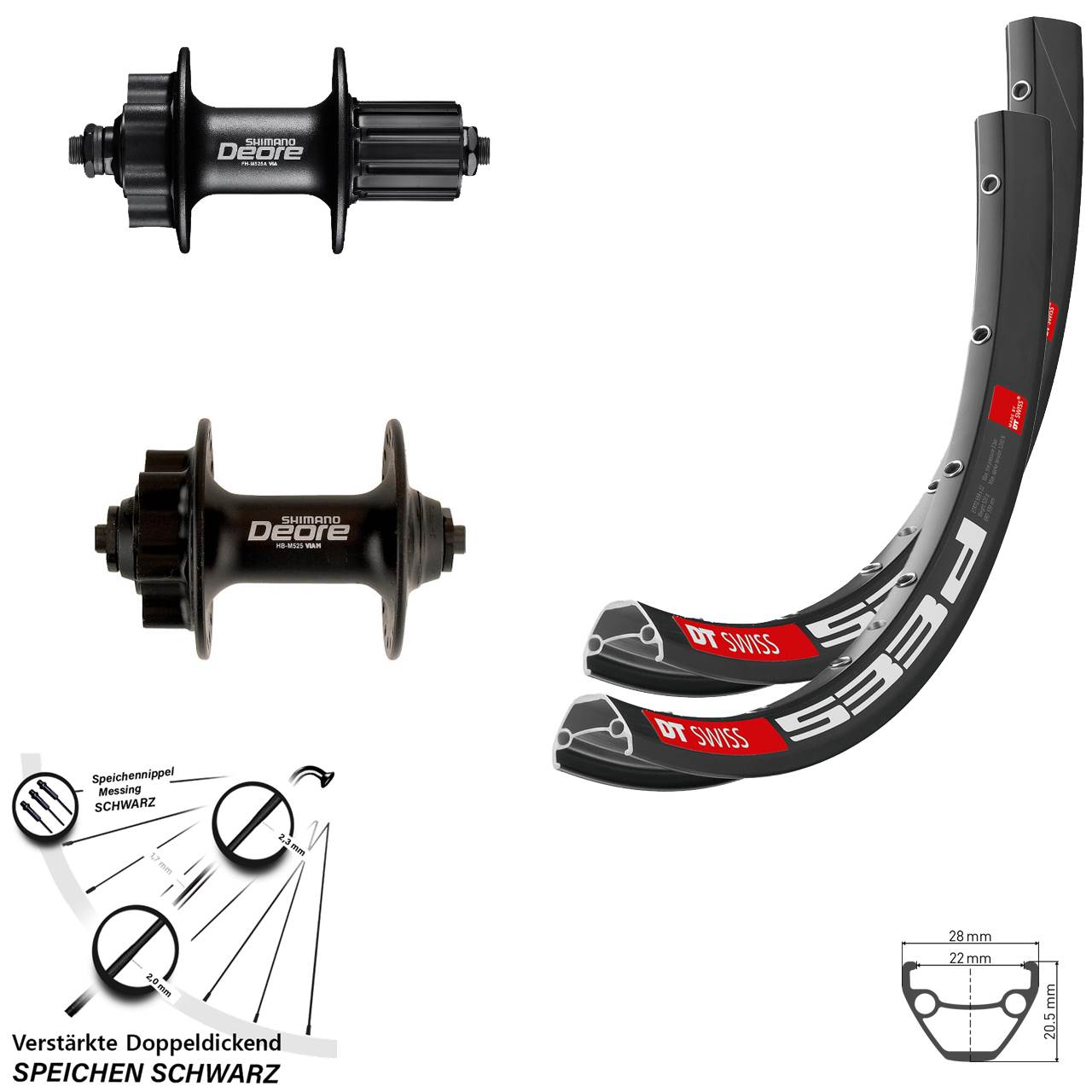 DT Swiss 533d Shimano Deore HB-M525 FH-M525 28 Zoll Disc Laufradsatz QR 8-11 fach