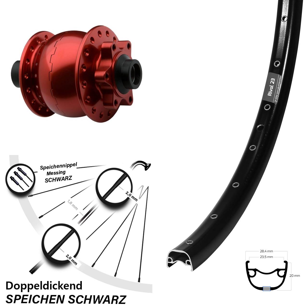 6-Loch Vorderrad mit Nabendynamo 15x100 650B Ryde Rival 23 SON 28 rot