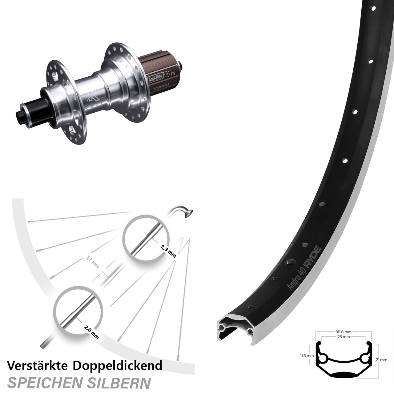 26 Zoll Ryde Andra 40 KX-T Hinterrad für Schnellspanner 8-12 fach