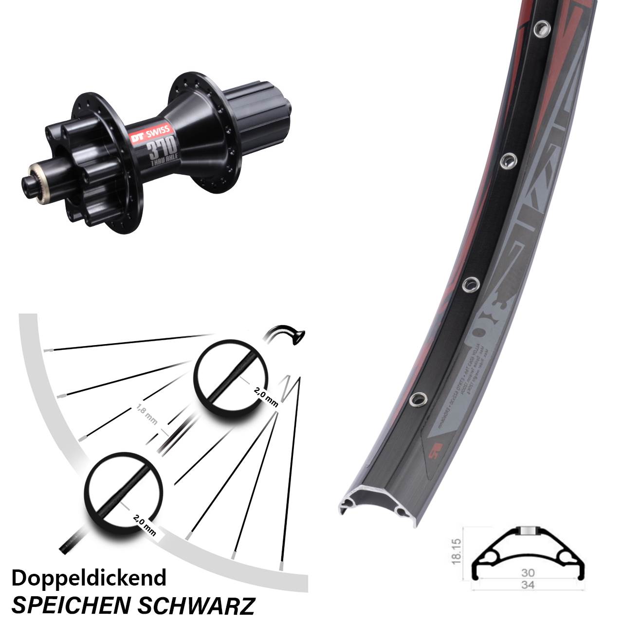 29 Zoll Hinterrad Rodi TRYP 30 DT Swiss 370 Hybrid 6-Loch 8-11 fach QR