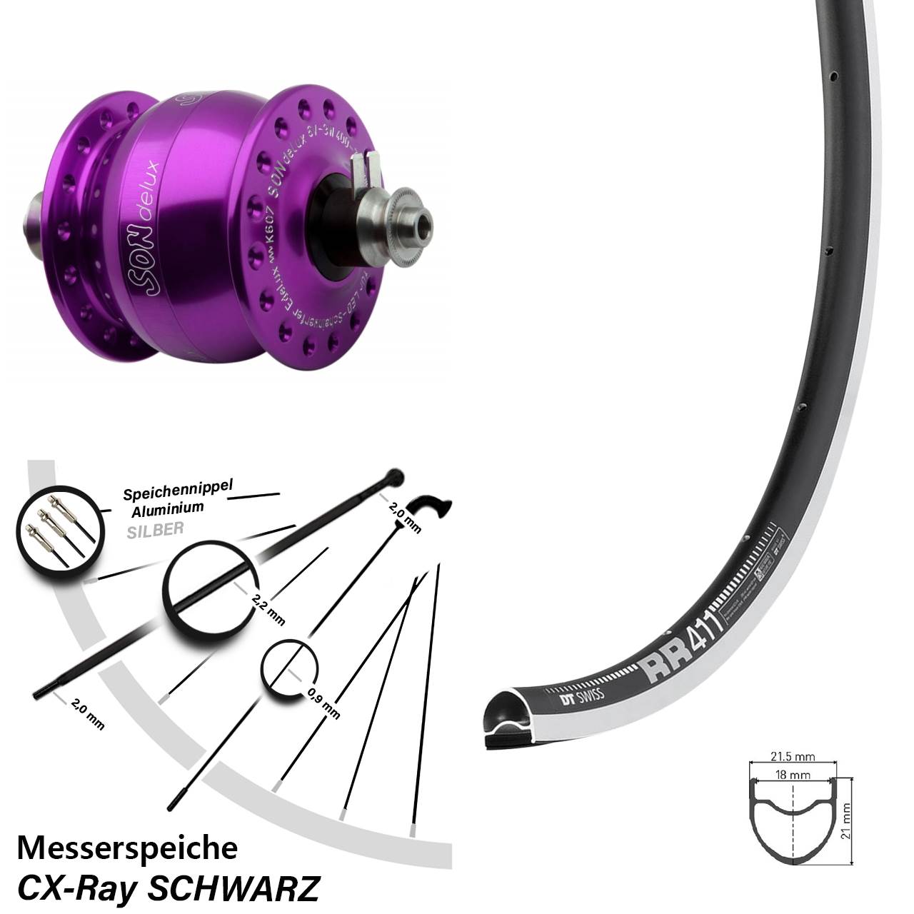 Nabendynamovorderrad für Schnellspanner 28 Zoll DT Swiss RR 411 SONdelux violett CX-Ray