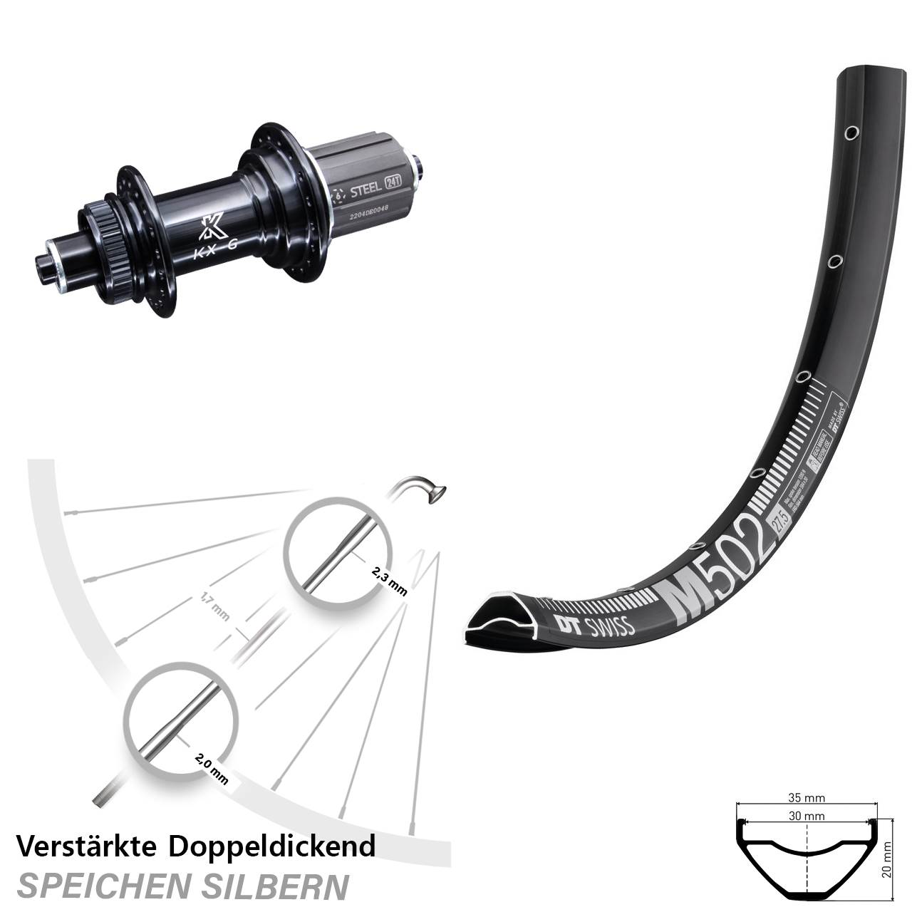 DT Swiss M502 KX-GS verstärkt 29 Zoll Centerlock Hinterrad QR 8-12 fach HG