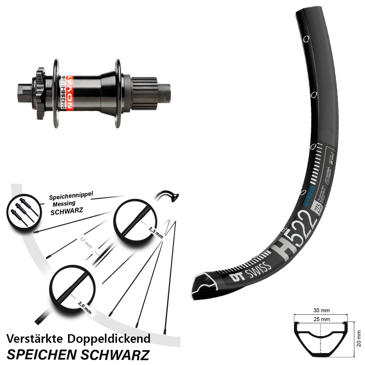 DT Swiss H522 Novatec D442 28-29 Zoll 6-Loch Hinterrad 12x148 Boost Shimano Micro Spline