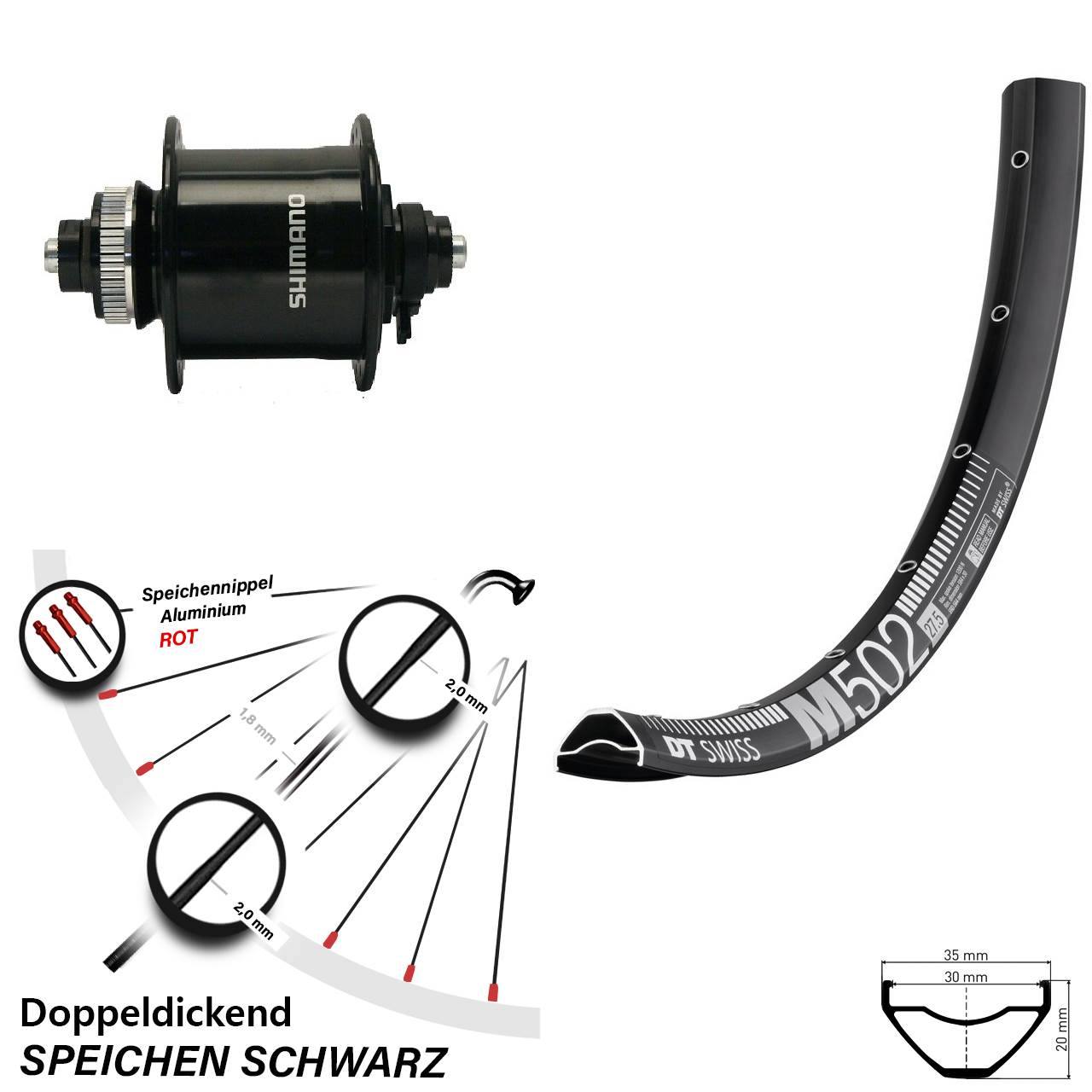 DT Swiss M 502 27,5 Zoll Vorderrad DH-UR700-3D schwarz Disc Centerlock Hohlachse