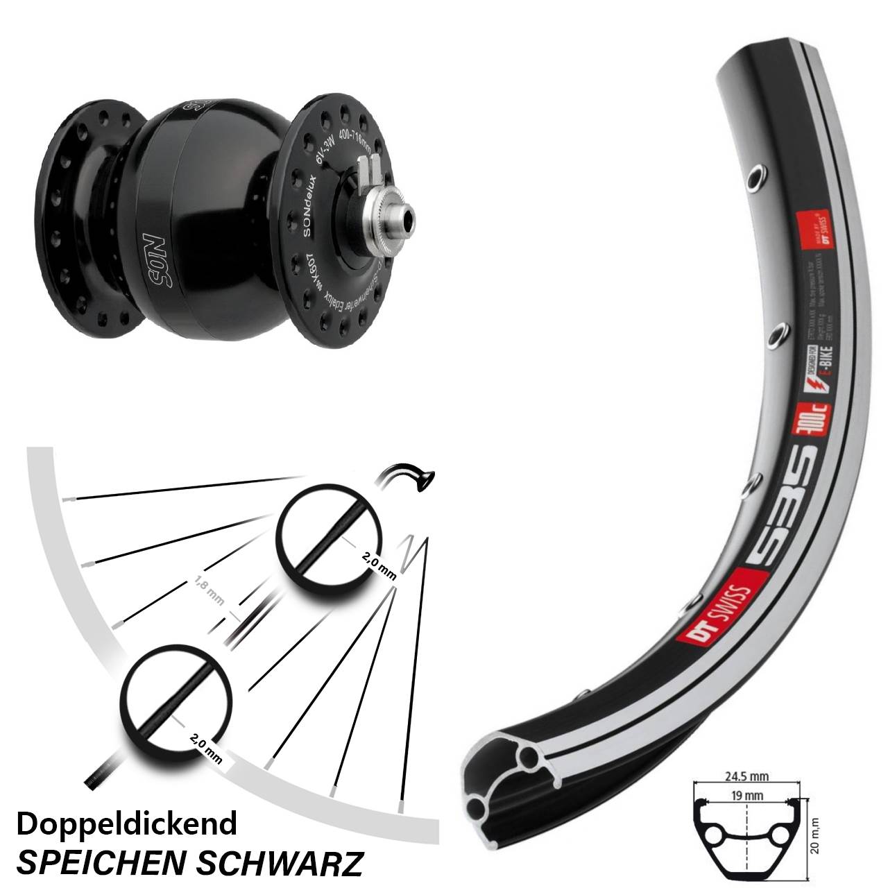 SONdelux wide body DT Swiss 535 28 Zoll Nabendynamovorderrad QR