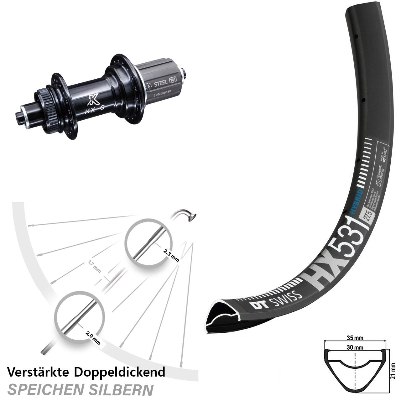 DT Swiss HX531 KX-GS 29 Zoll Disc Hinterrad für Schnellspanner 8-12 fach HG