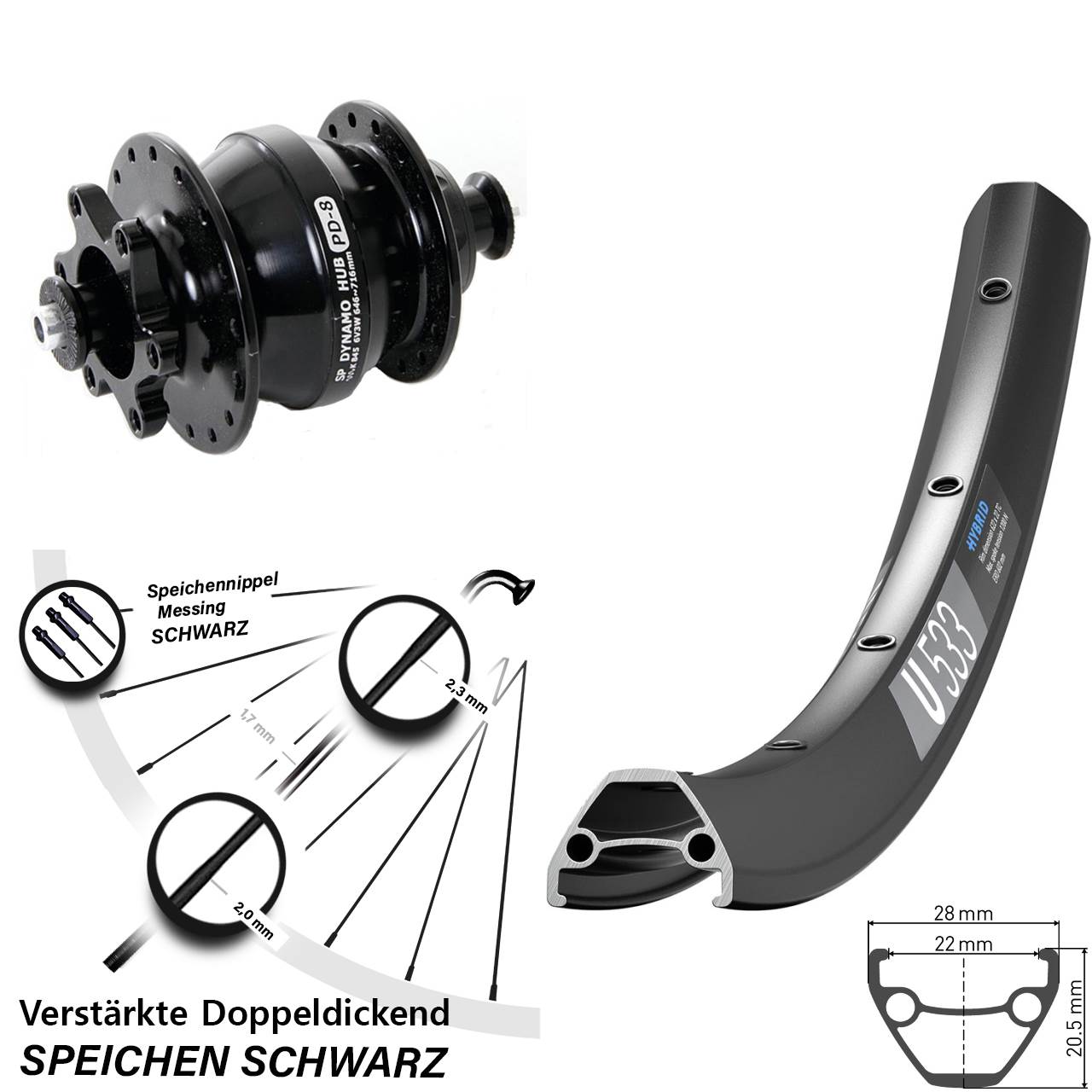 Nabendynamovorderrad 27,5 Zoll DT Swiss U533 Shutter Precision PD-8 Disc 6-Loch QR