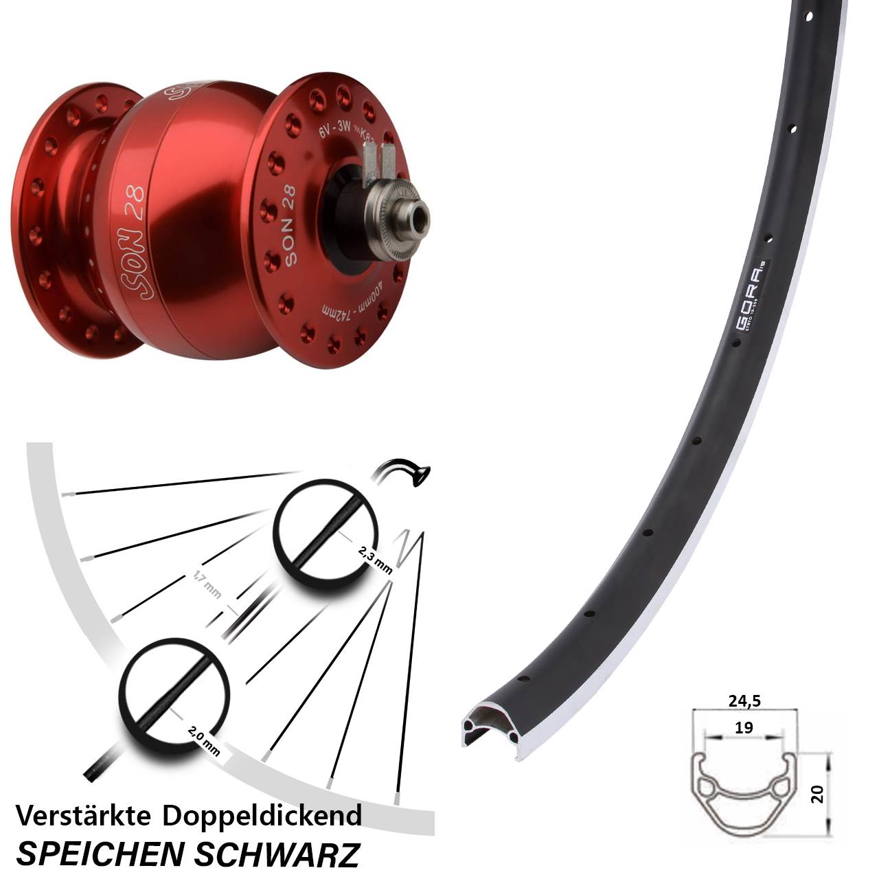 Nabendynamo-Vorderrad 26 Zoll Gora 19 SON 28 rot QR