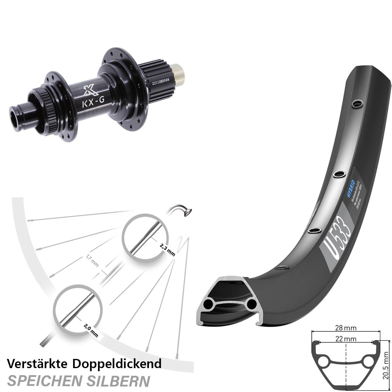 DT Swiss U533 KX-G 28 Zoll Disc Laufrad 12x142 Micro Spline