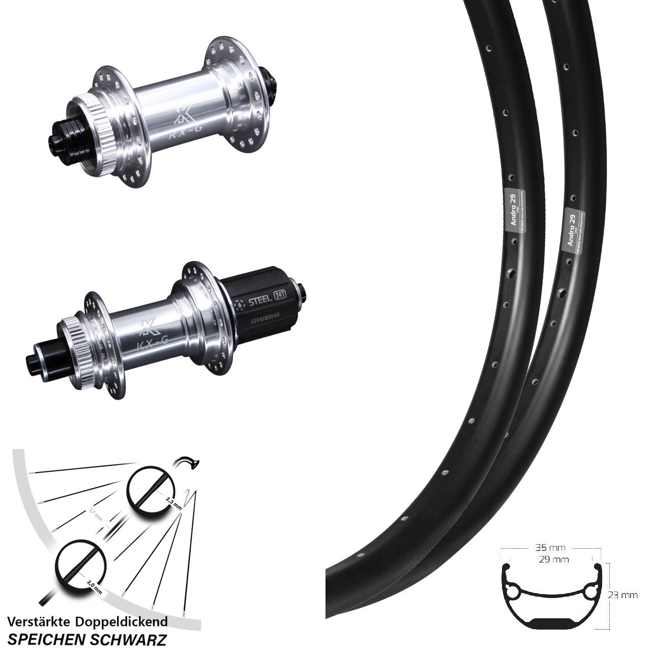 Disc Laufrad-Satz für Schnellspanner Ryde Andra 29 Zoll KX-GS Heavy Duty 8-12 fach HG