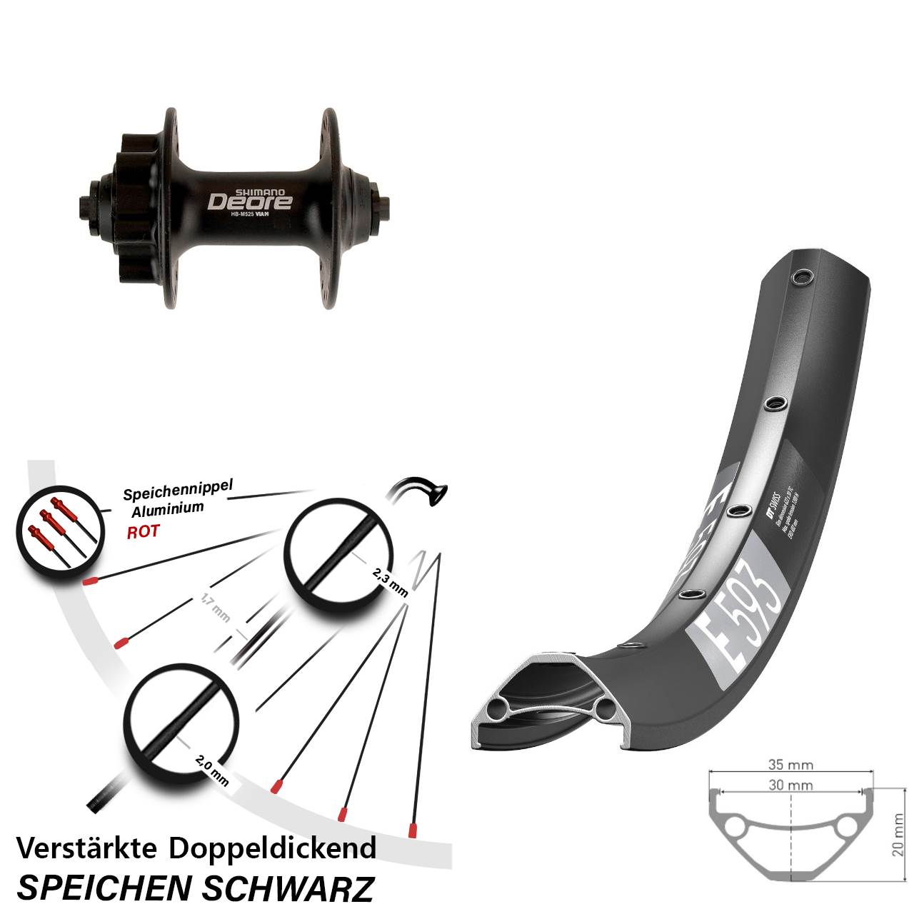 6-Loch Vorderrad 29 Zoll DT Swiss E 593 Shimano Deore HB-M525 für Schnellspanner