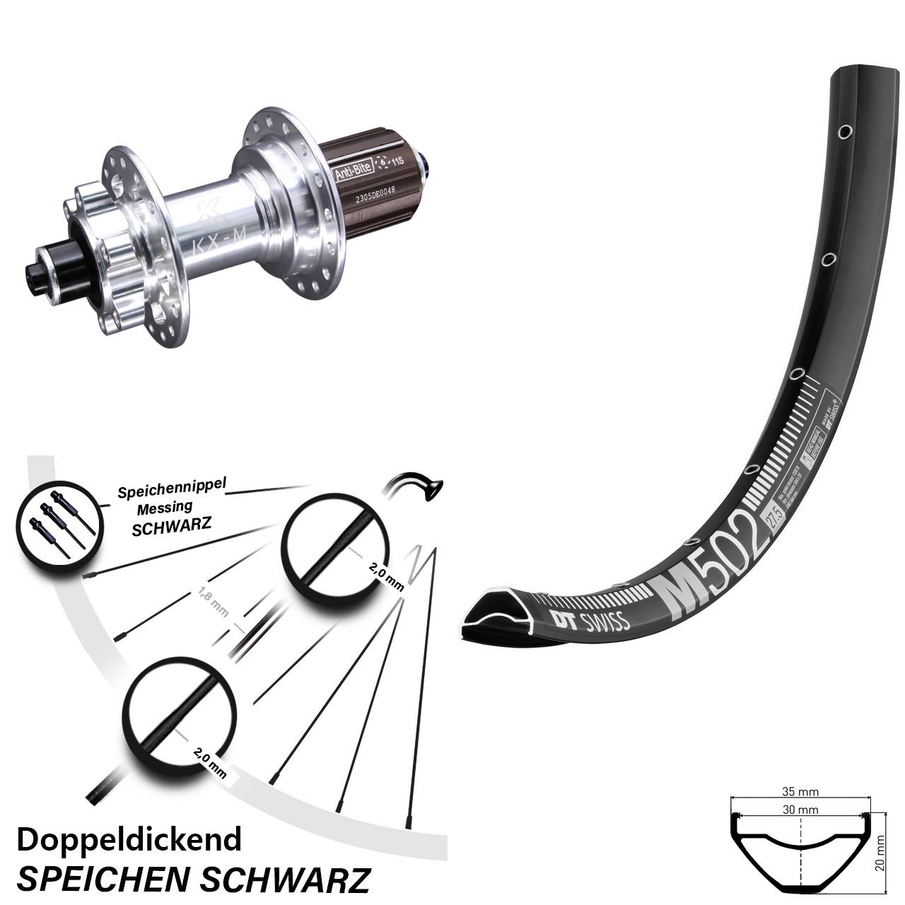 Laufrad 27,5 Zoll DT Swiss M 502 Disc KX-M 6-Loch 5/135 8-12 fach HG