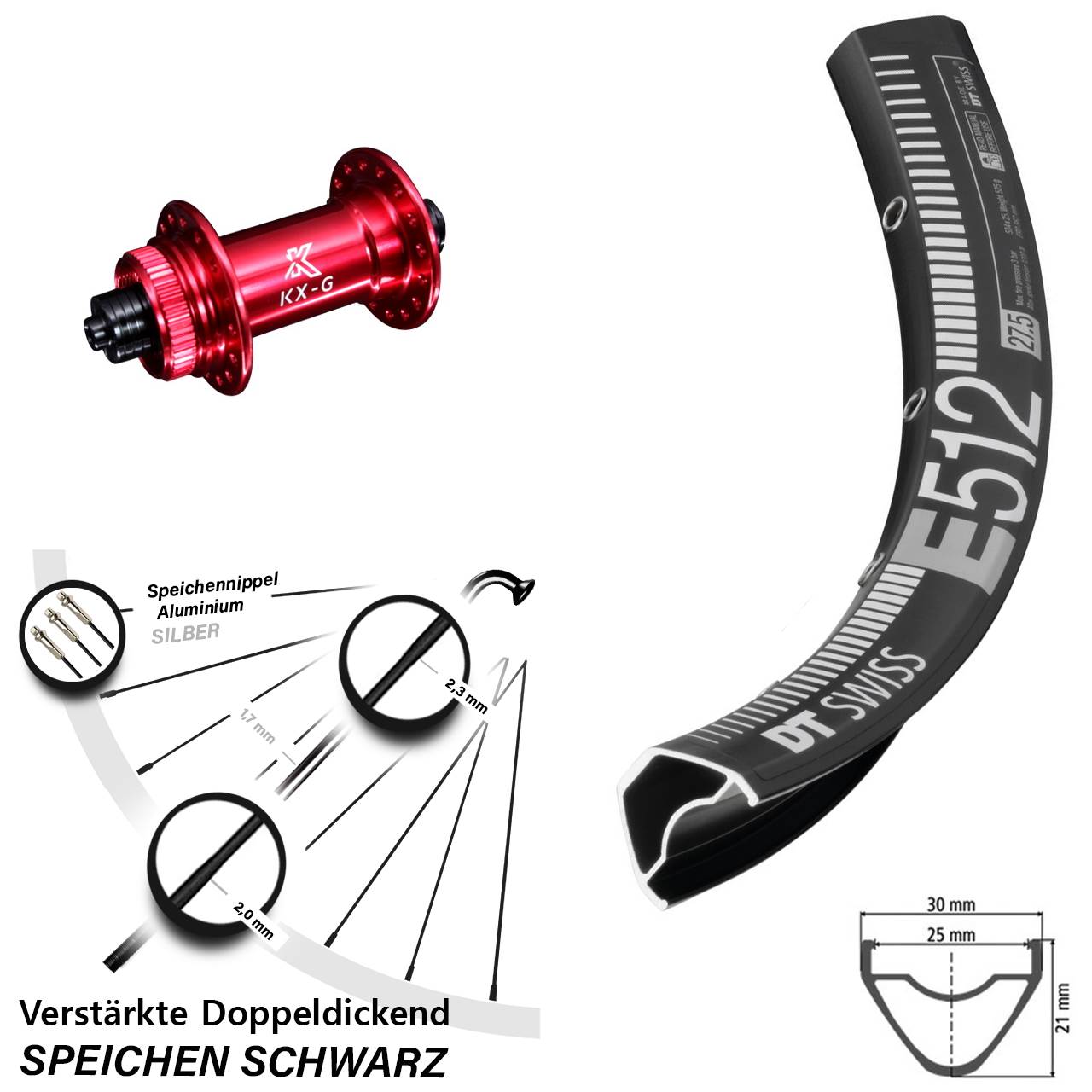 Disc Laufrad für Schnellspanner 650B DT Swiss E 512 KX-G rot