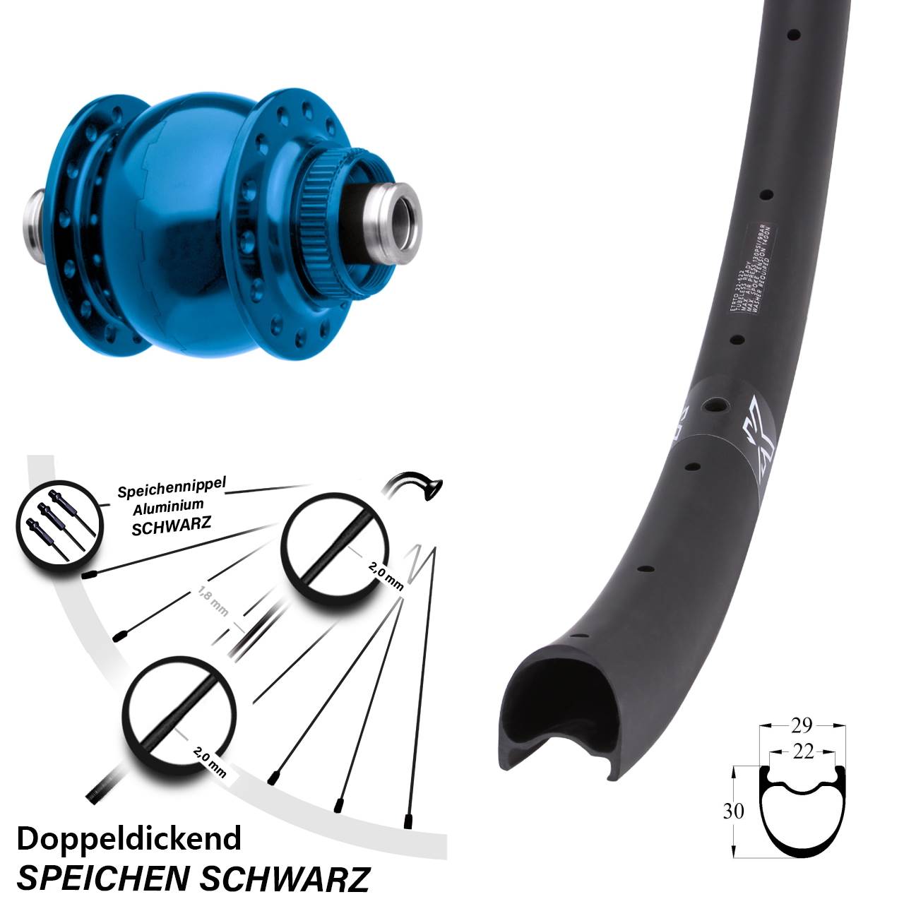Centerlock Dynamo-Vorderrad 12x100 29 Zoll KX-RC Gravel Carbon SON 28 blau