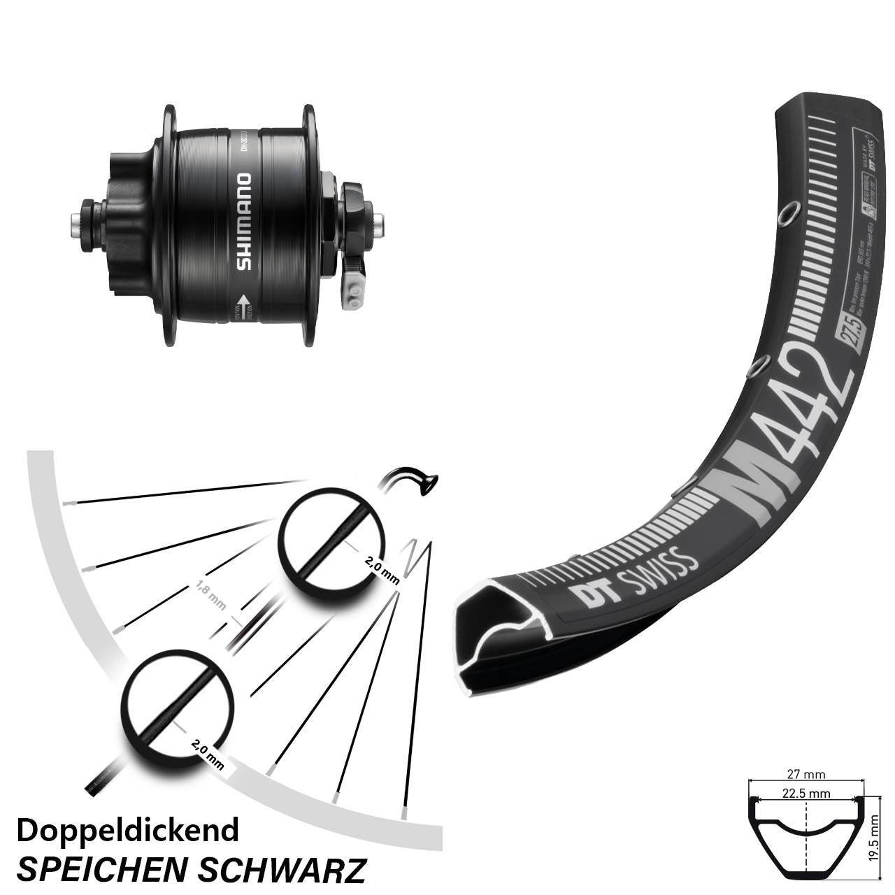 Nabendynamovorderrad 6-Loch QR 28 Zoll DT Swiss M442 Shimano DH-3D32