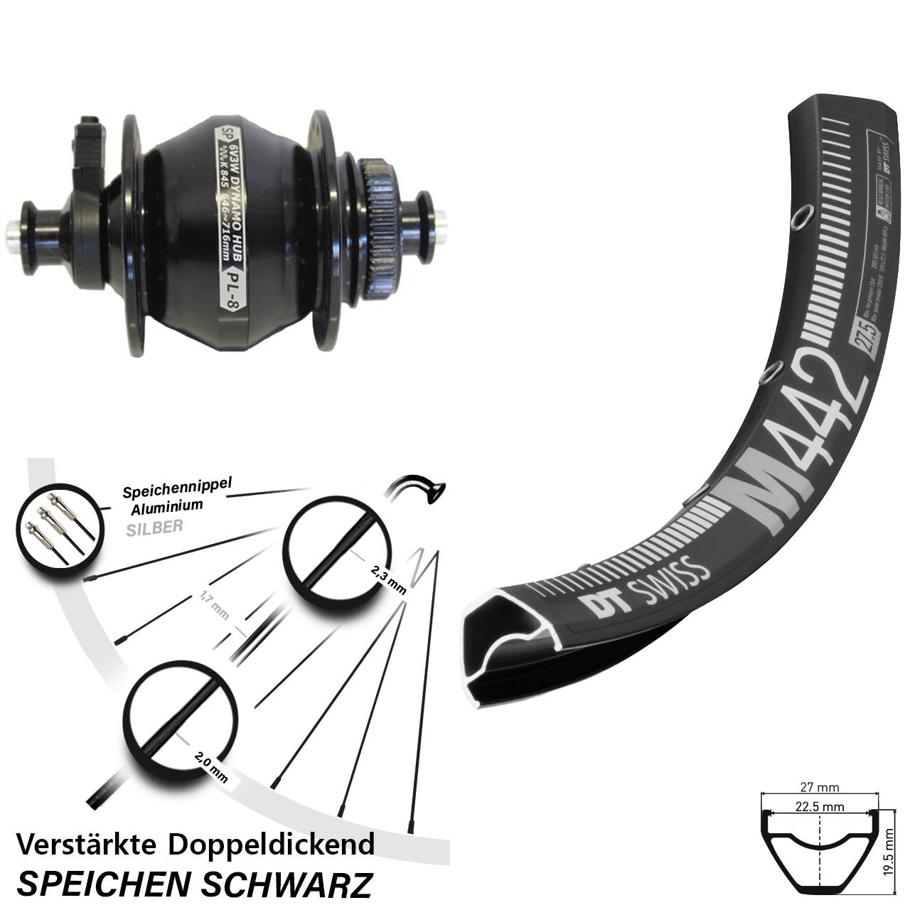 DT Swiss M 442 Shutter PL-8 28-29 Zoll Disc Laufrad mit Nabendynamo QR
