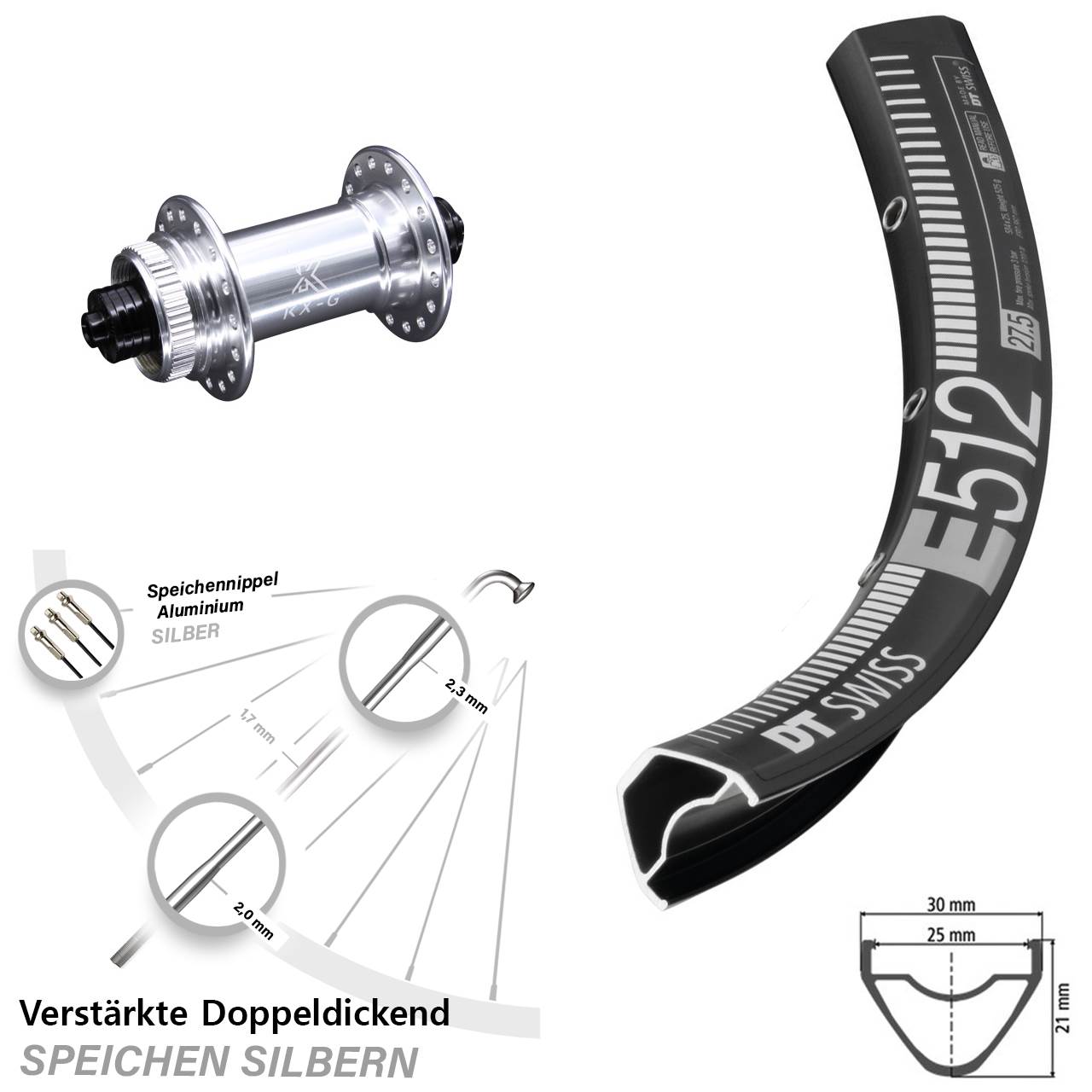29 Zoll Vorderrad MTB Enduro DT Swiss E 512 KX-G silbern Centerlock Schnellspanner
