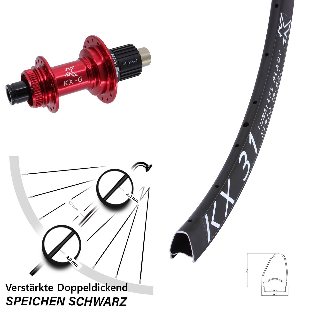 Centerlock Hinterrad 28 Zoll KX-G 31 Offset rot Micro Spline 12x142