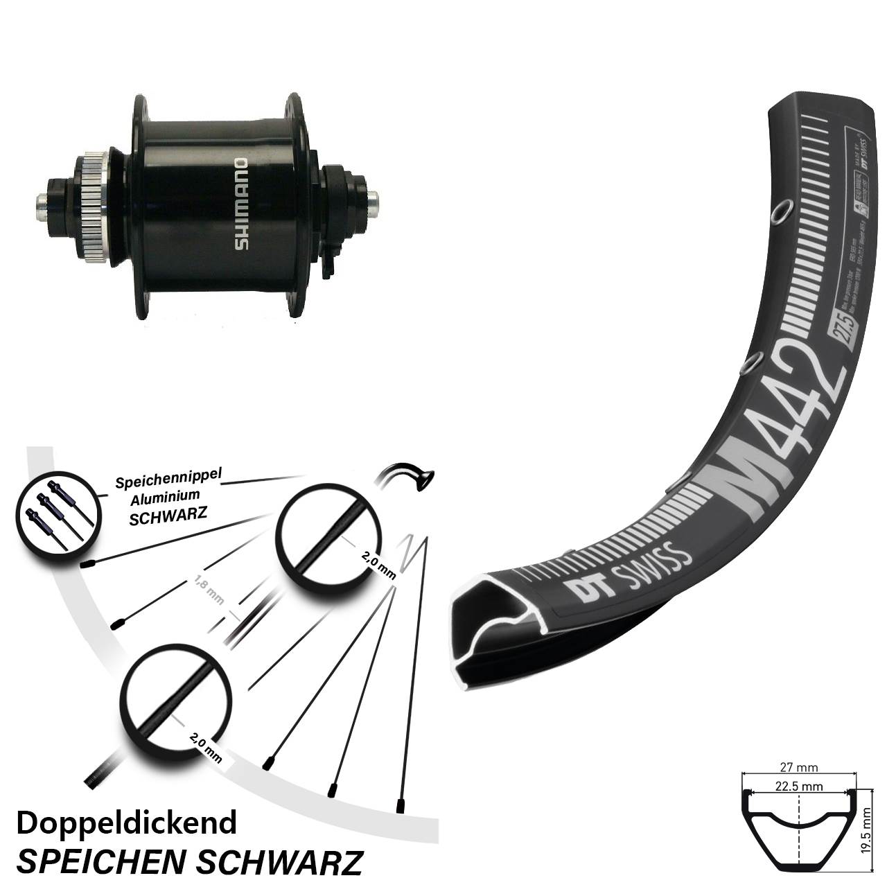 29 Zoll Nabendynamo Vorderrad DT Swiss M 442 Shimano DH-UR700 Centerlock schwarz