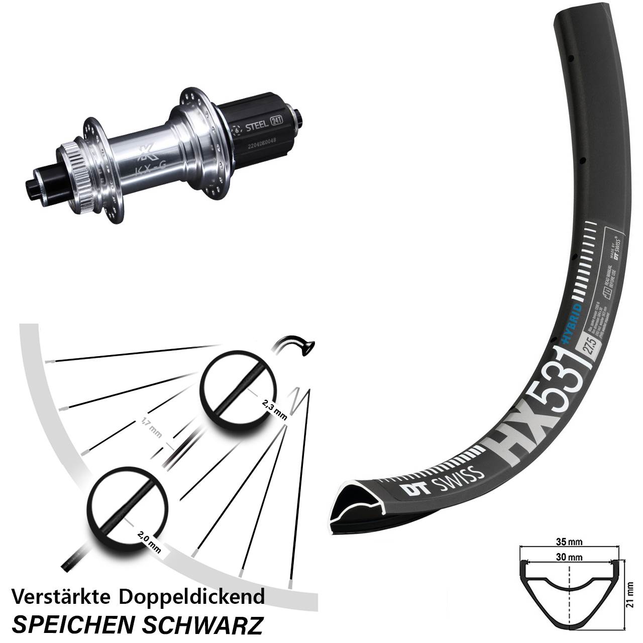 29 Zoll DT Swiss HX531 KX-GS Hinterrad Centerlock Schnellspanner 8-12 fach