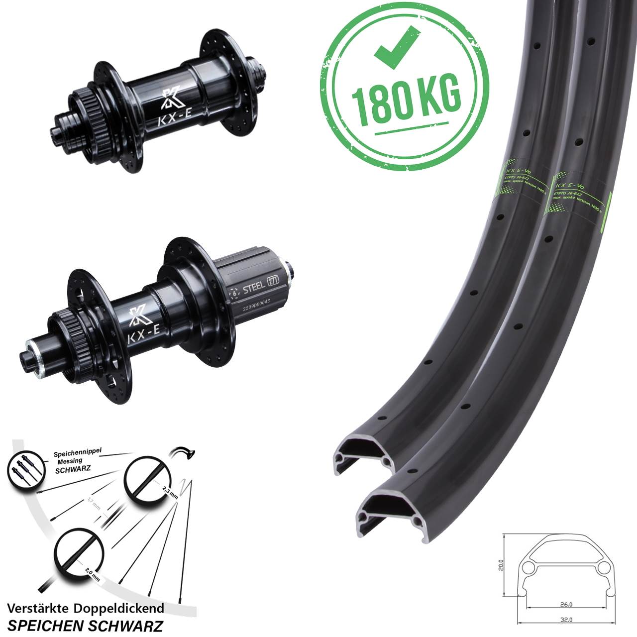 Centerlock Laufradsatz 20 Zoll 27,5 KX-Evo Heavy Duty 8-12 fach QR