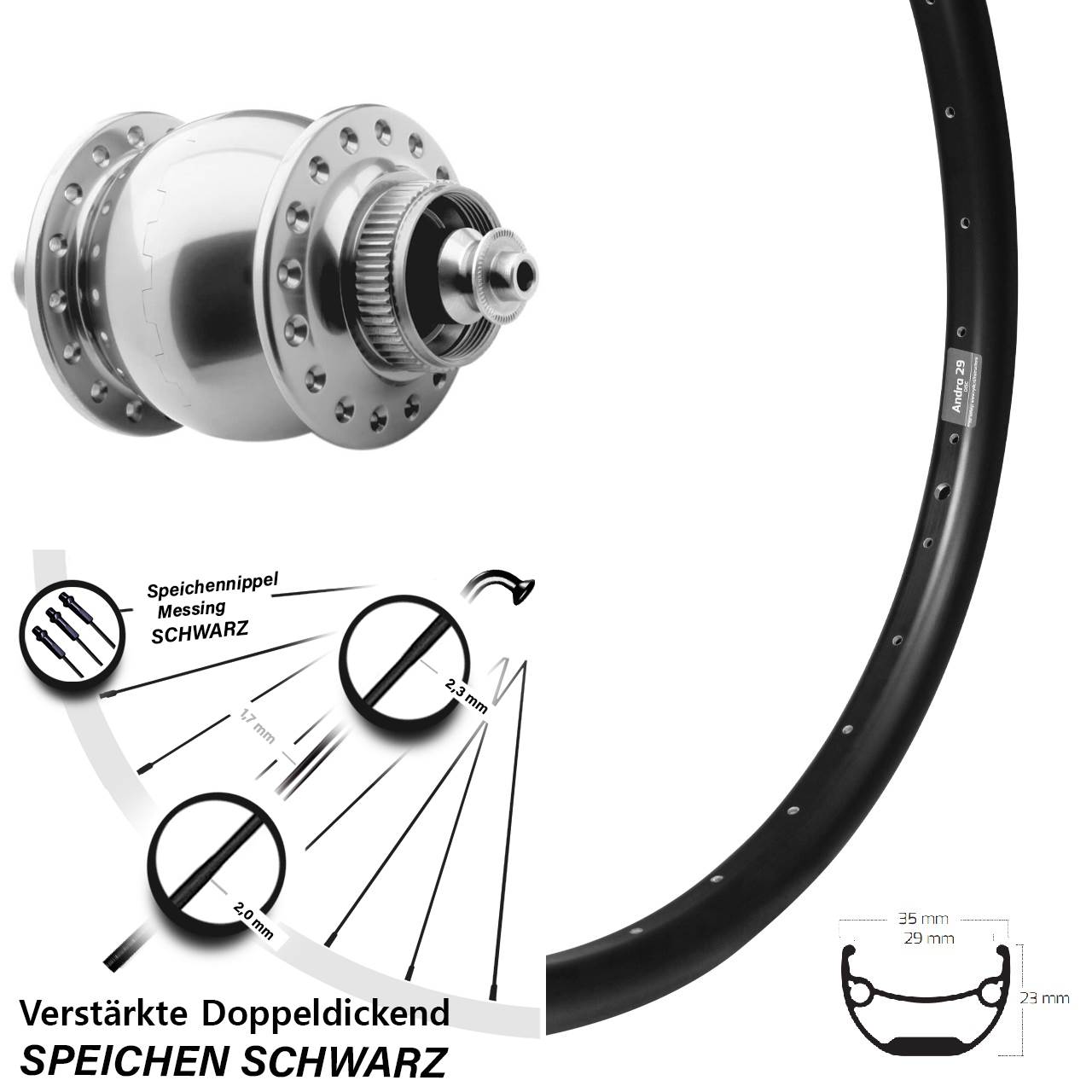27,5 Zoll Ryde Andra 29 SON 28 Dynamo-Vorderrad Centerlock für Schnellspanner
