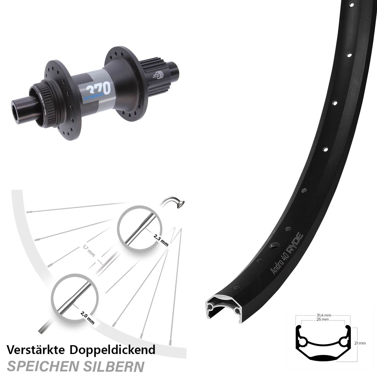 20 Zoll Ryde Andra 40 DT Swiss 370 Hybrid Disc Hinterrad 12x148 Micro Spline