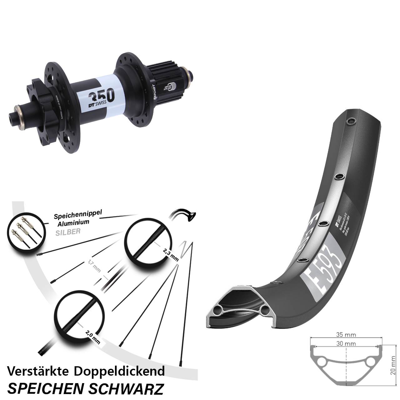 29 Zoll DT Swiss E593 350 Hinterrad 6-Loch QR Boost Micro Spline