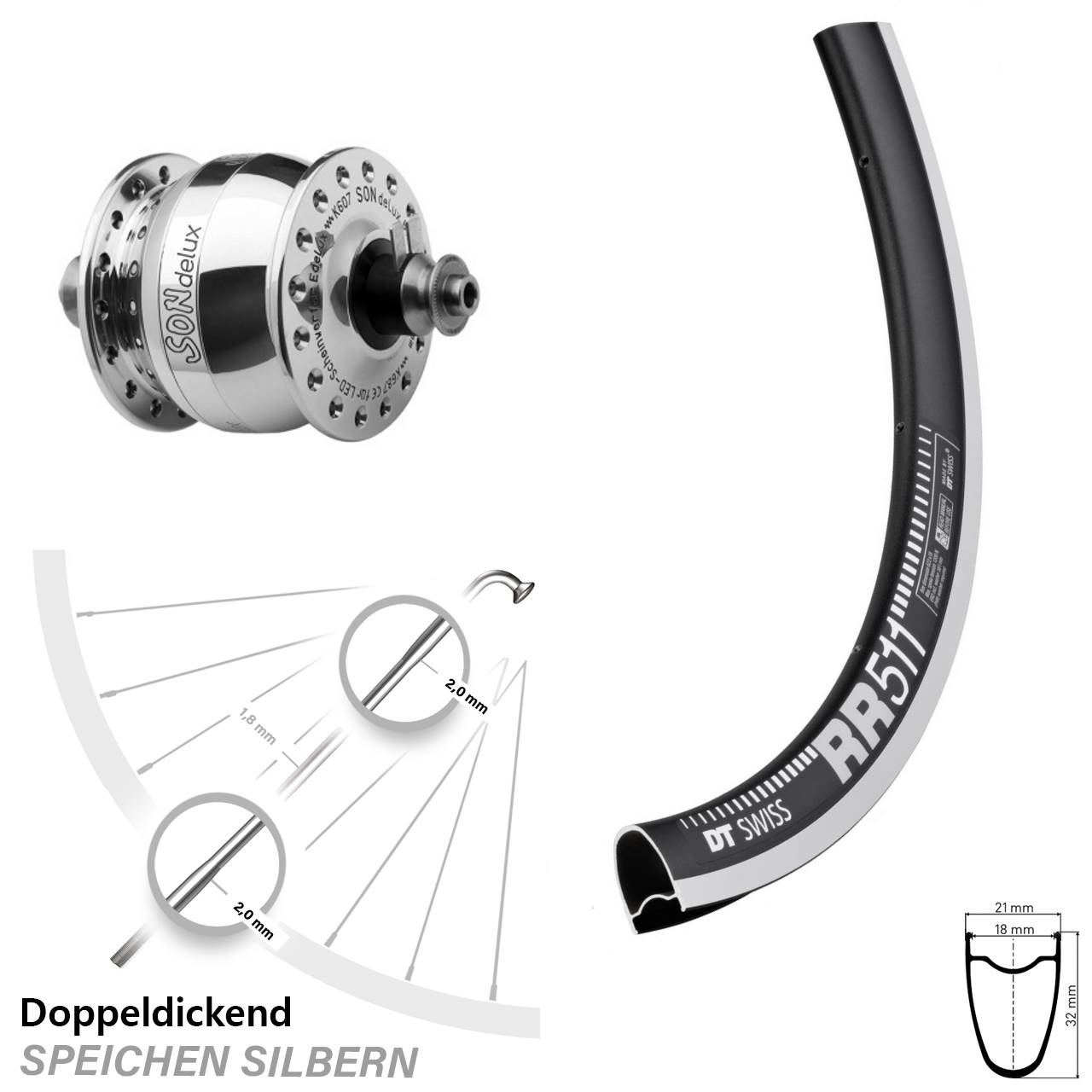 28 Zoll Nabendynamo Vorderrad DT Swiss RR 511 SON delux