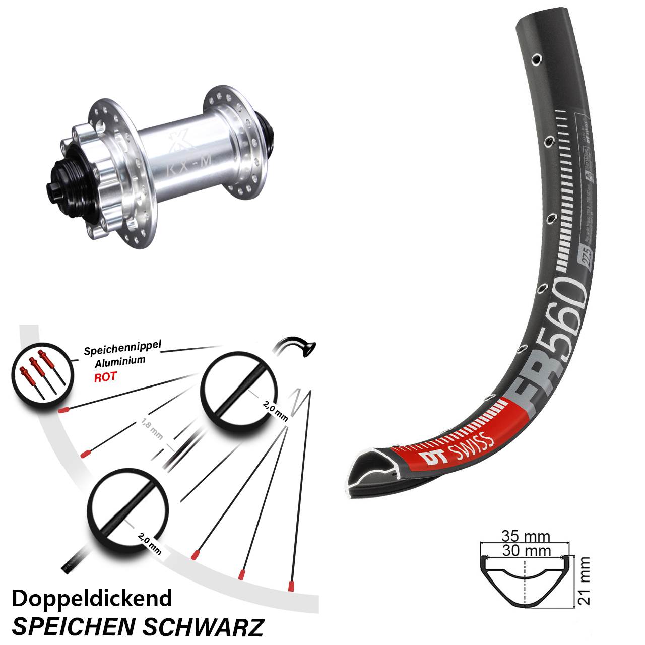 Laufrad 26 Zoll DT Swiss FR 560 Disc KX-M 6-Loch 5/100 silbern
