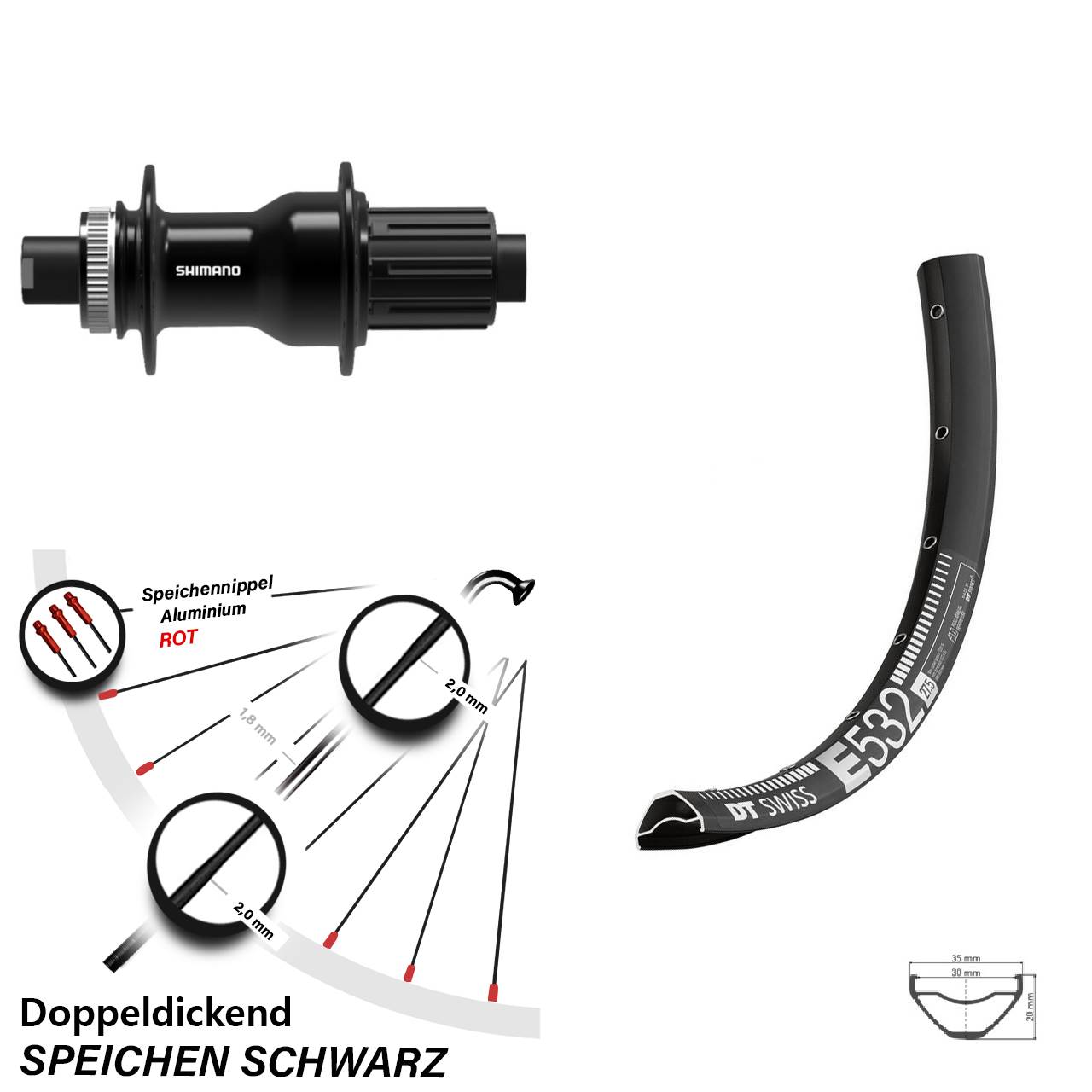 27,5 Zoll DT Swiss E532 Shimano FH-TC500 Boost Hinterrad Centerlock 12x148 Boost 8-11 fach