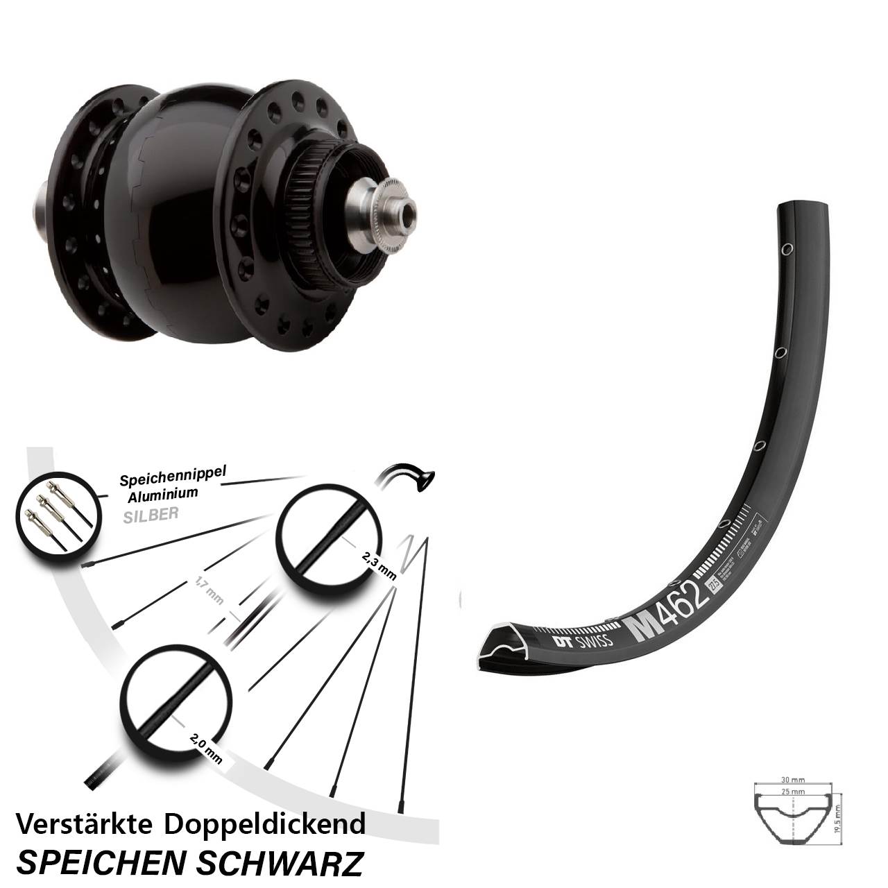 SON delux DT Swiss M462 27,5 Zoll Centerlock Dynamovorderrad für Schnellspanner