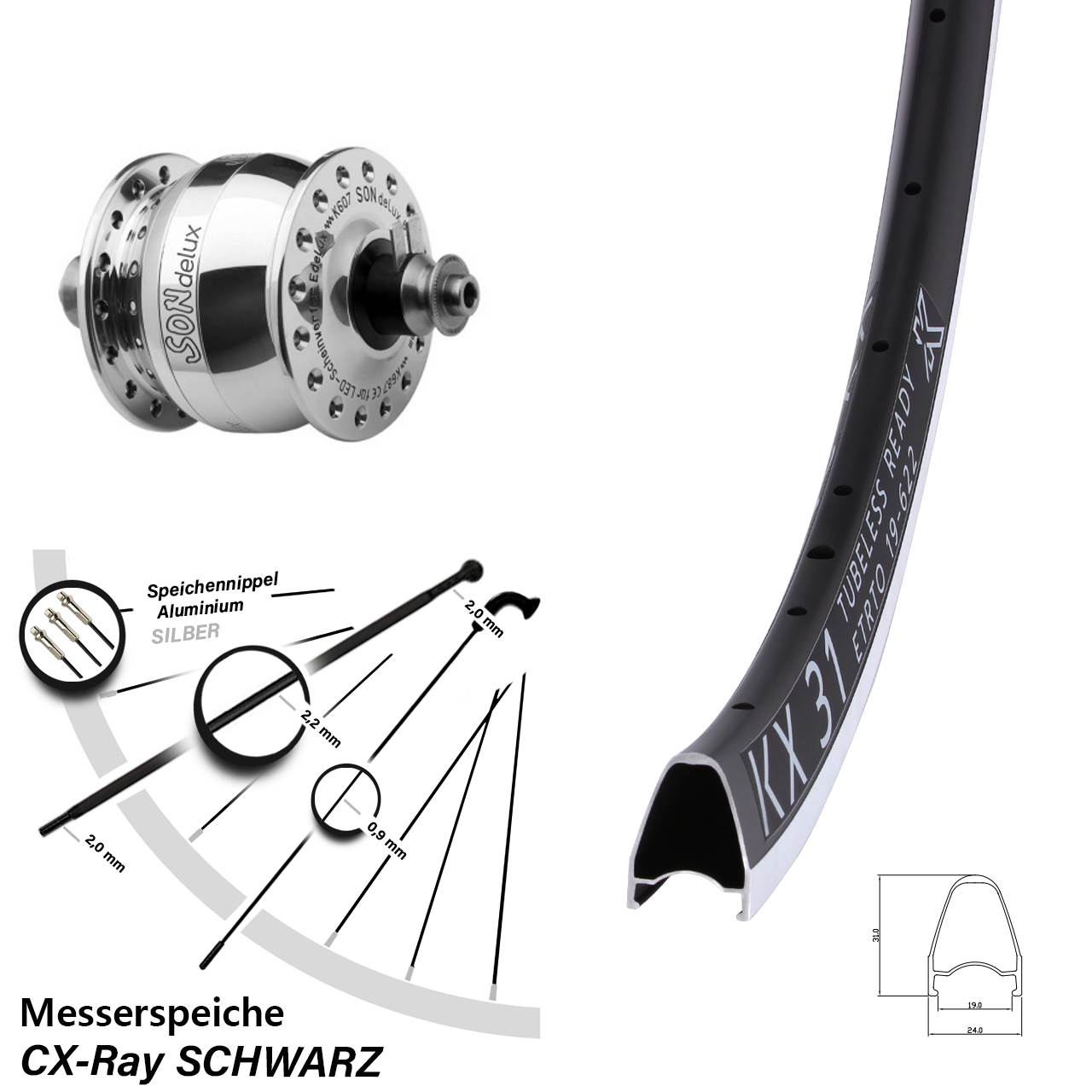 SONdelux poliert KX 31 28 Zoll Vorderrad mit Nabendynamo für Schnellspanner CX-Ray