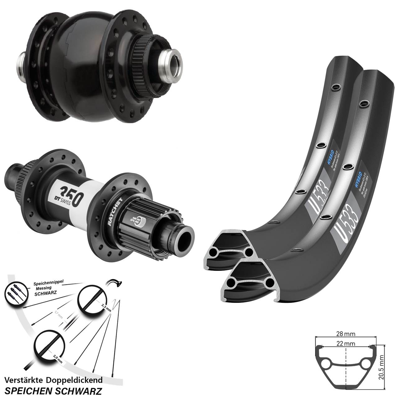 29 Zoll DT Swiss U533 SON delux 350 Micro Spline Centerlock Laufradsatz 12x100/142