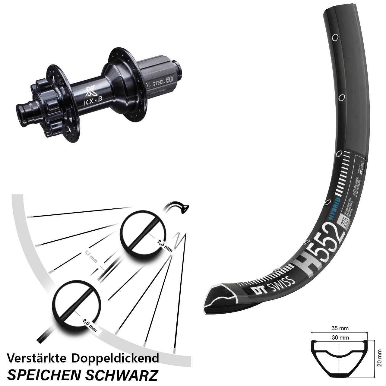 Disc Hinterrad 29 Zoll DT Swiss H 552 KX-B Stahl Freilauf 8-12 fach 12x148 Boost