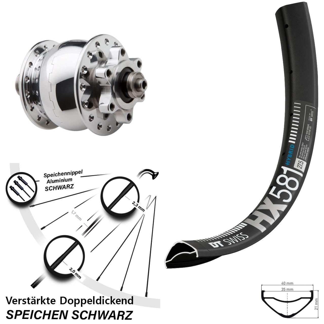 Disc Nabendynamolaufrad für Schnellspanner 27,5 Zoll DT Swiss HX581 SON 28 poliert
