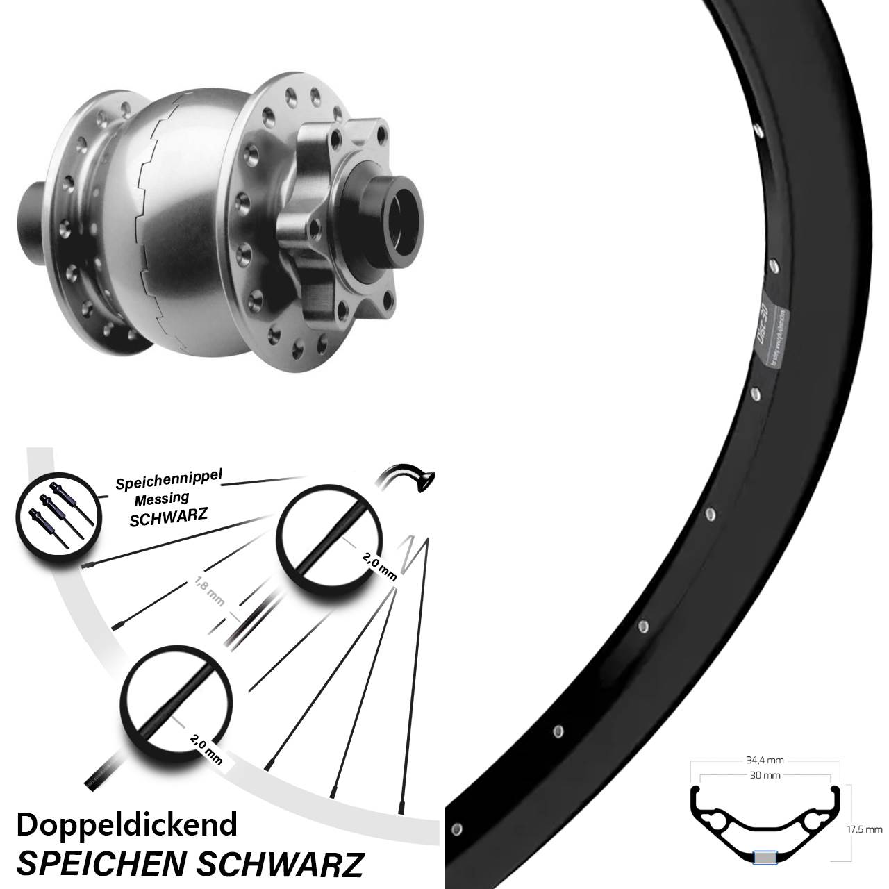 27,5 Zoll Ryde Disc 30 Vorderrad SON 28 silbern 15x100