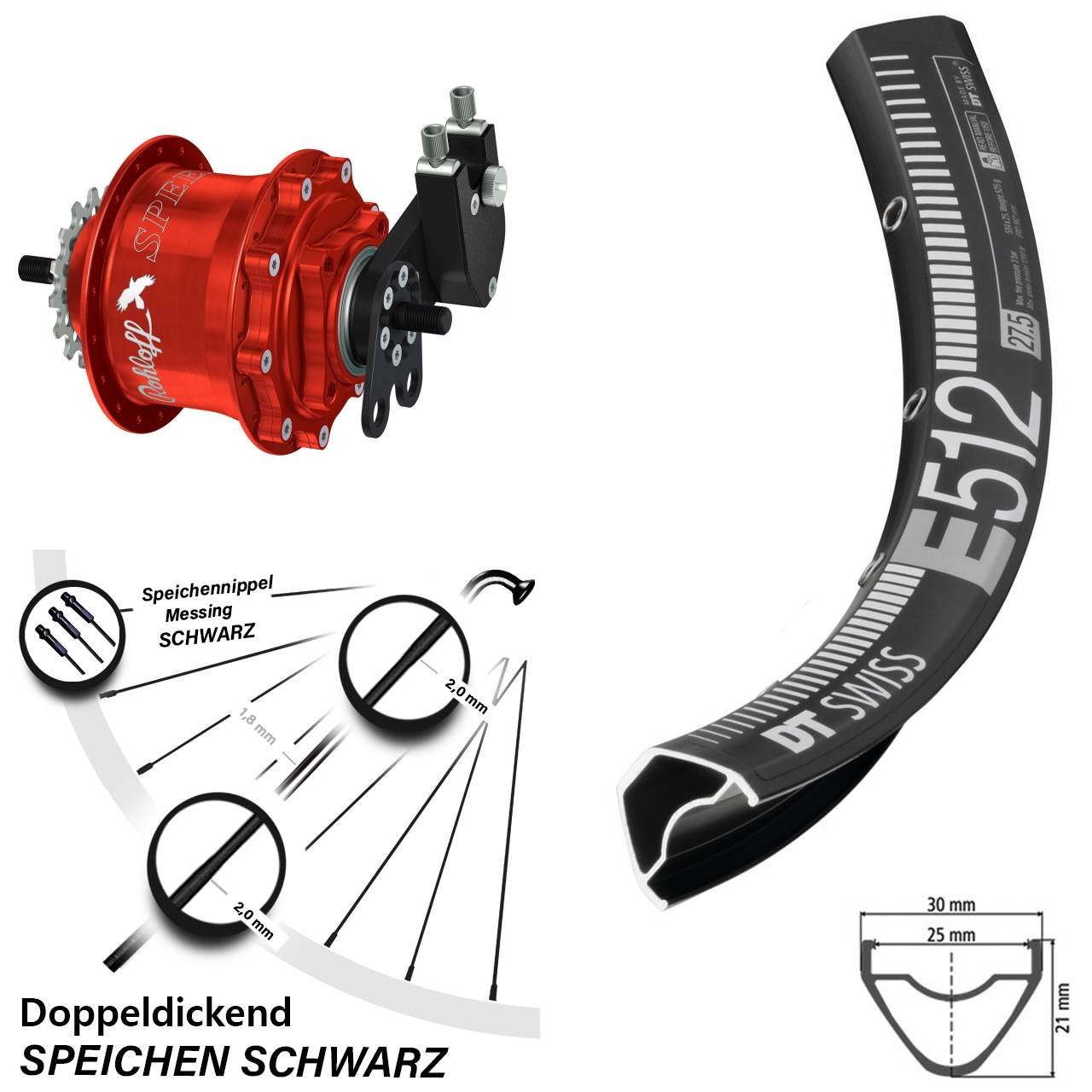 Hinterrad 29 Zoll DT Swiss E 512 Disc Rohloff Speedhub 500/14 TS DB Tandem rot