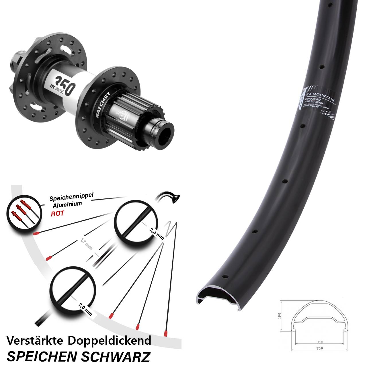 Boost 6-Loch Hinterrad 12x148 29 Zoll KX Mountain TR DT Swiss 350 Ratchet 36 Micro Spline