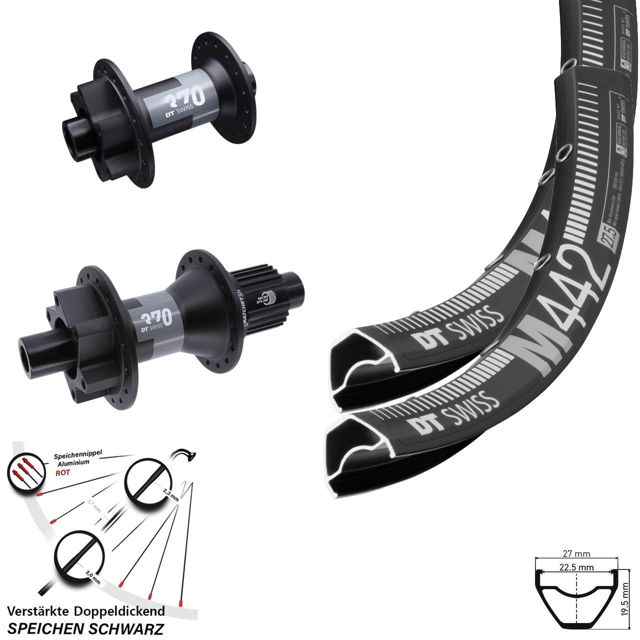 29 Zoll DT Swiss M 442-370 Laufradsatz 6-Loch 12x100/142 Shimano Micro Spline