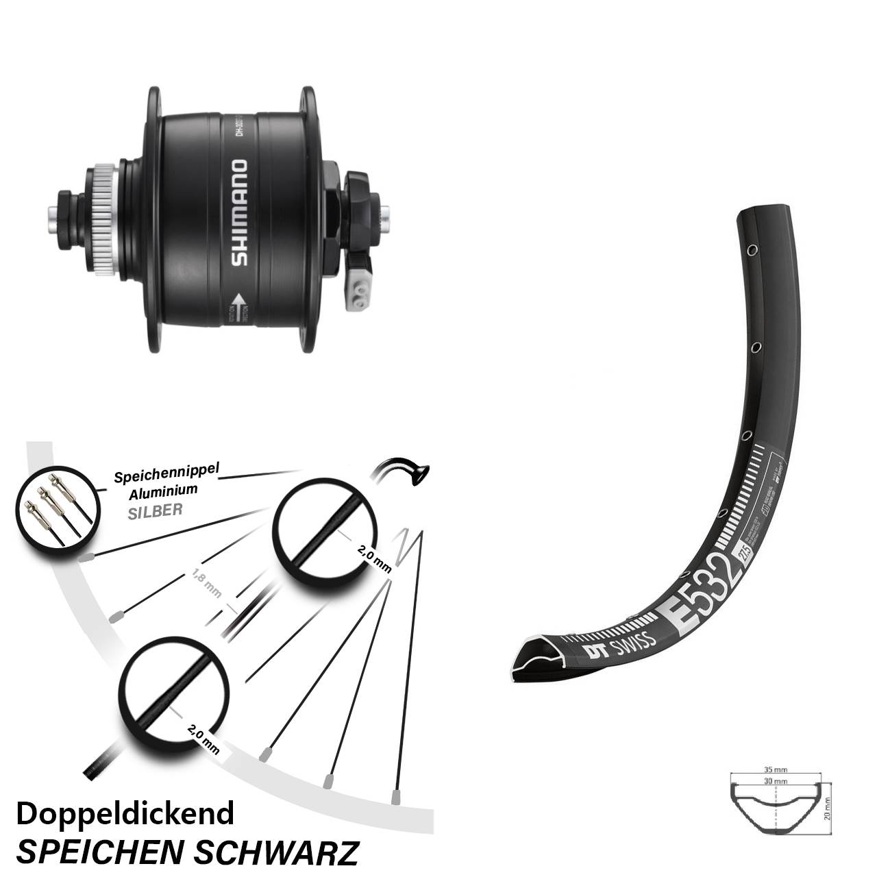 DT Swiss E532 Shimano DH-3D37 27,5 Zoll Disc Laufrad mit Nabendynamo QR