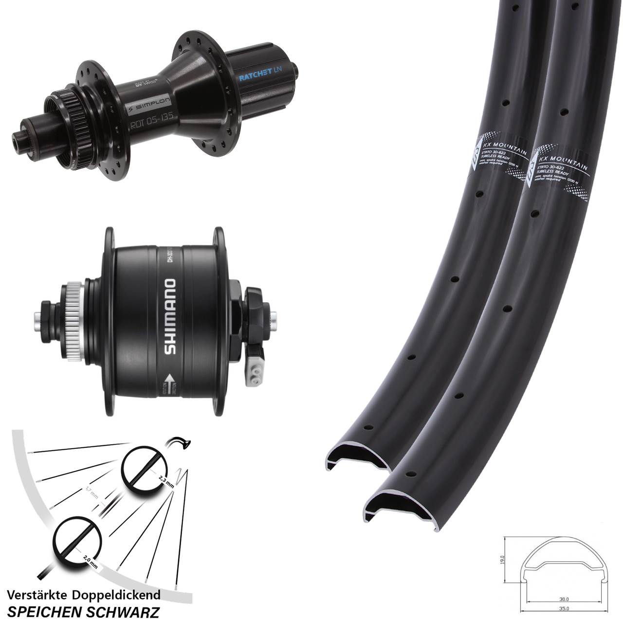 29 Zoll KX Mountain TR 370 Hybrid Shimano DH-3D37 Centerlock Laufradsatz QR 8-11 fach HG