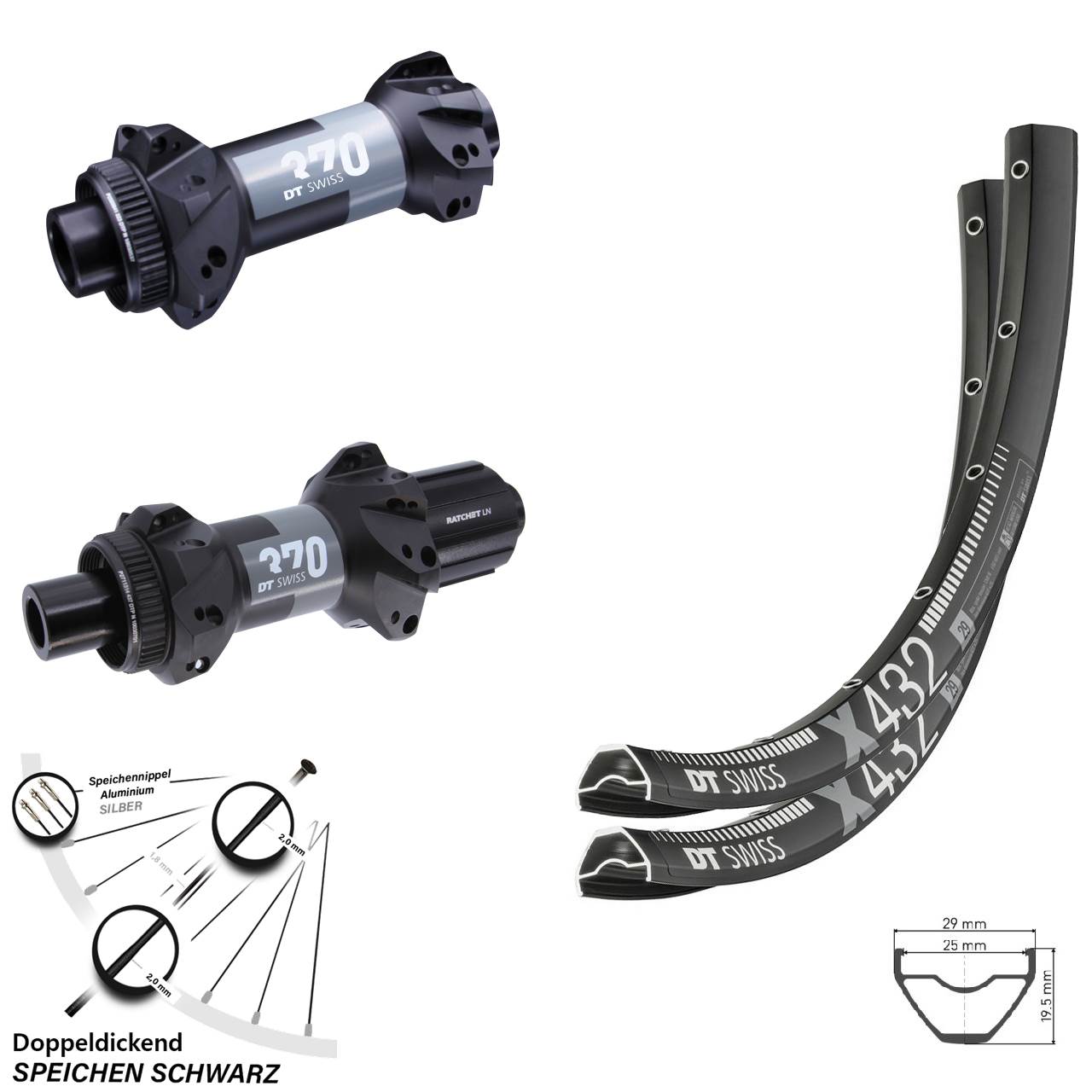 Laufradsatz 29 Zoll DT Swiss X432 370 Straightpull 8-11 fach HG Boost Centerlock