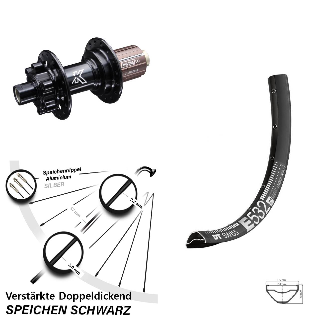 Disc Hinterrad 12x142 29 Zoll DT Swiss E 532 KX-M Shimano Anti-Bite 8-12 fach
