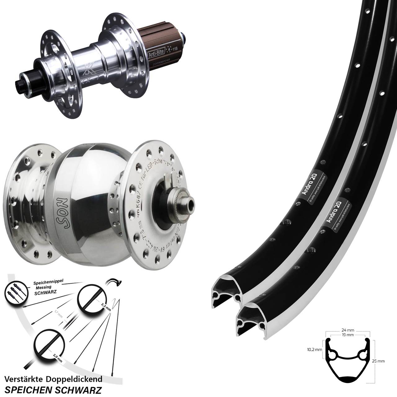 Ryde Andra 20 KX-T SONdelux wide body 28 Zoll Laufrad-Satz für Schnellspanner 8-12 fach HG