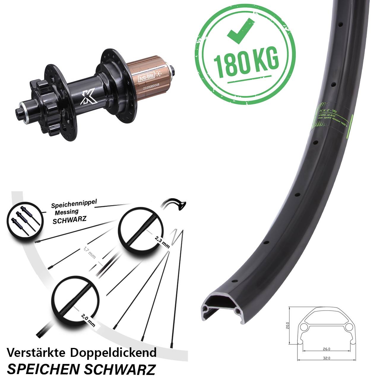 26 Zoll Hinterrad KX-M Evo 5x135 mm 6-Loch