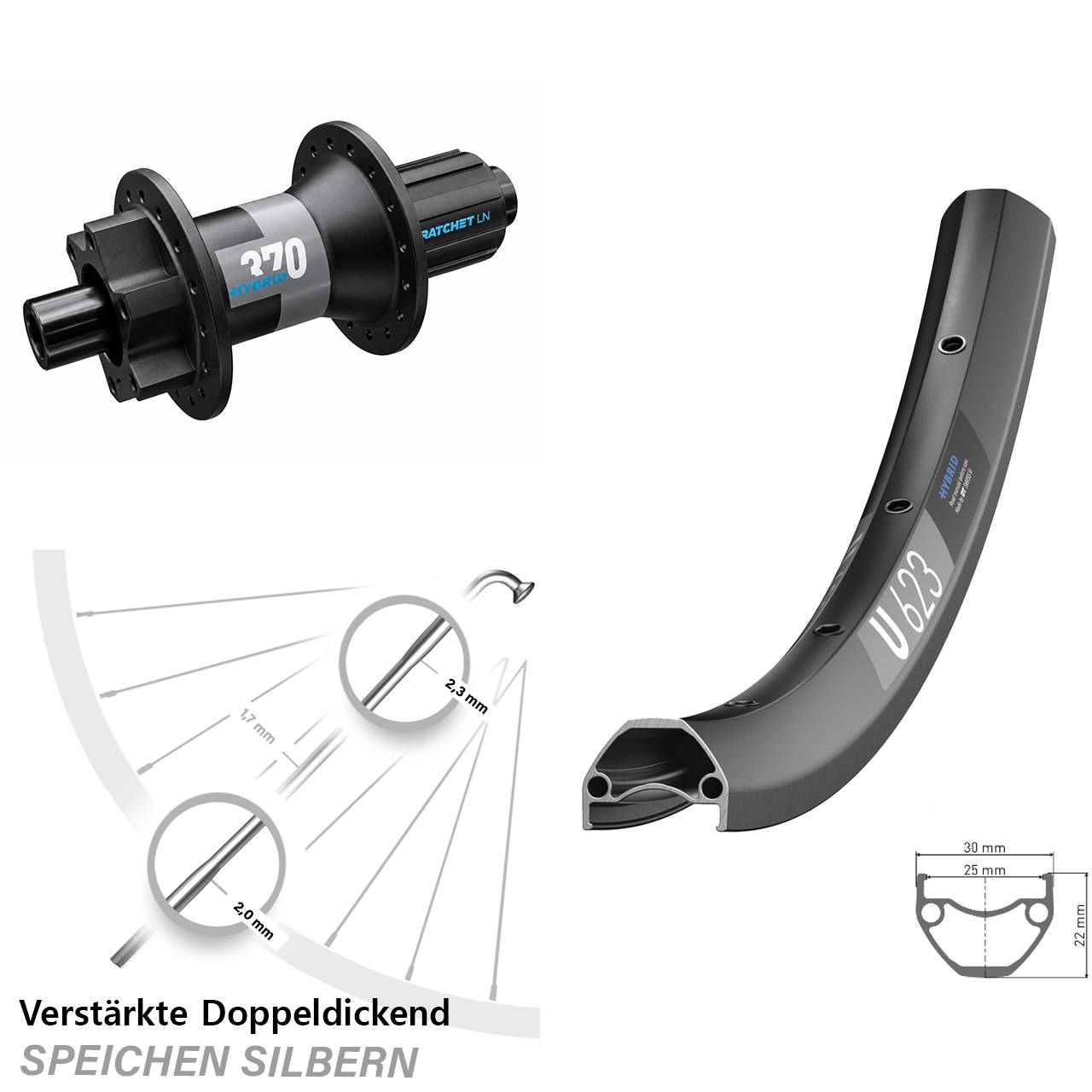 E-Bike U 623 DT Swiss 370 Hybrid Boost 12x148 mm 11-fach 29 Zoll Hinterrad 6-Loch