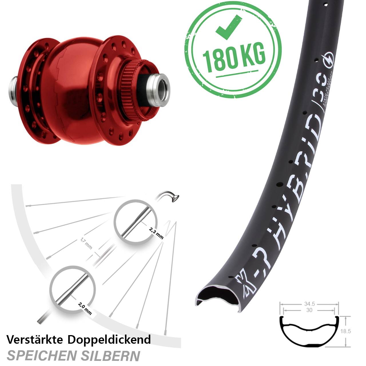 Centerlock Dynamo-Vorderrad 12x100 29 Zoll KX-R Hybrid 30 SON 28 rot