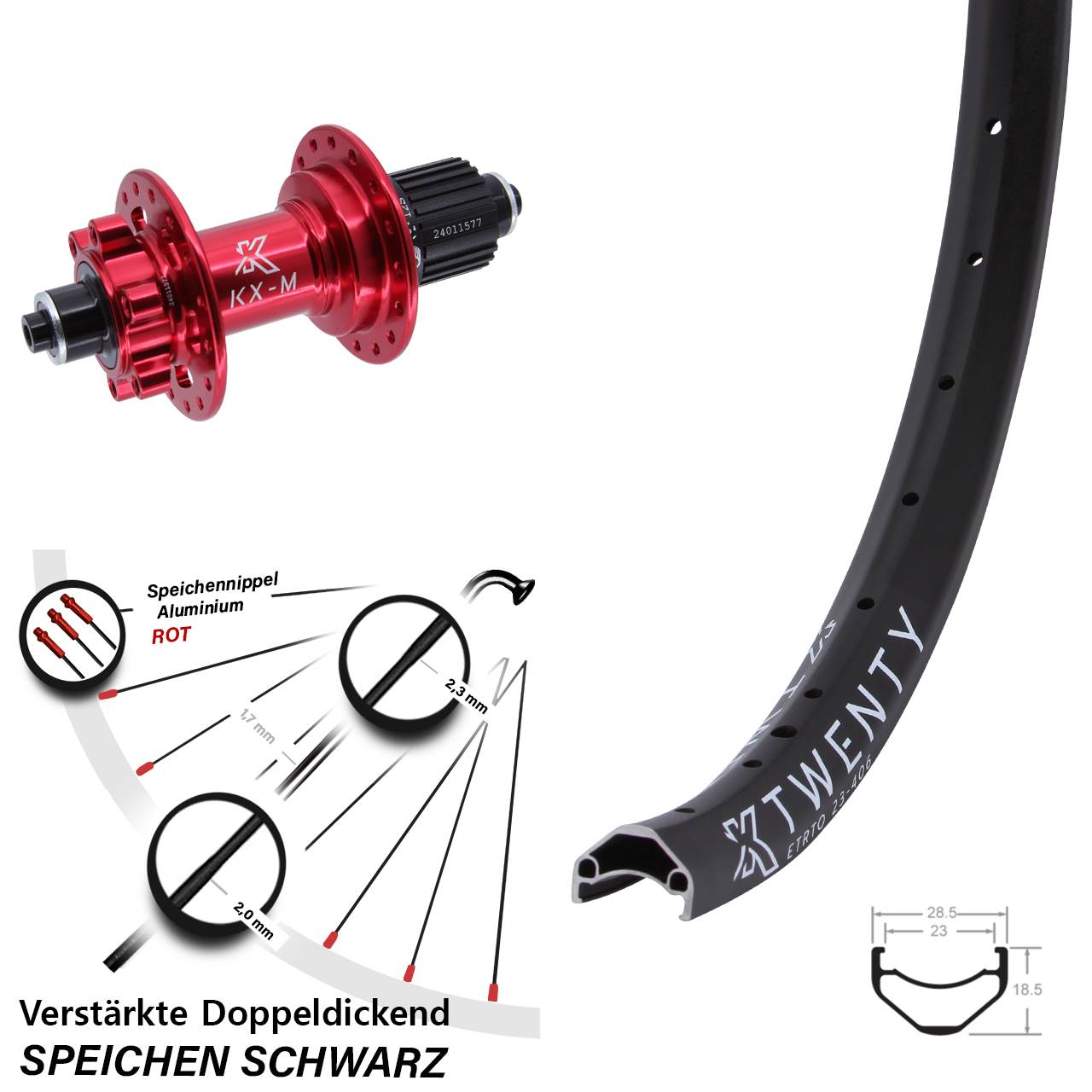 Disc Hinterrad 20 Zoll rote Nabe KX-M Twenty Shimano Micro Spline QR