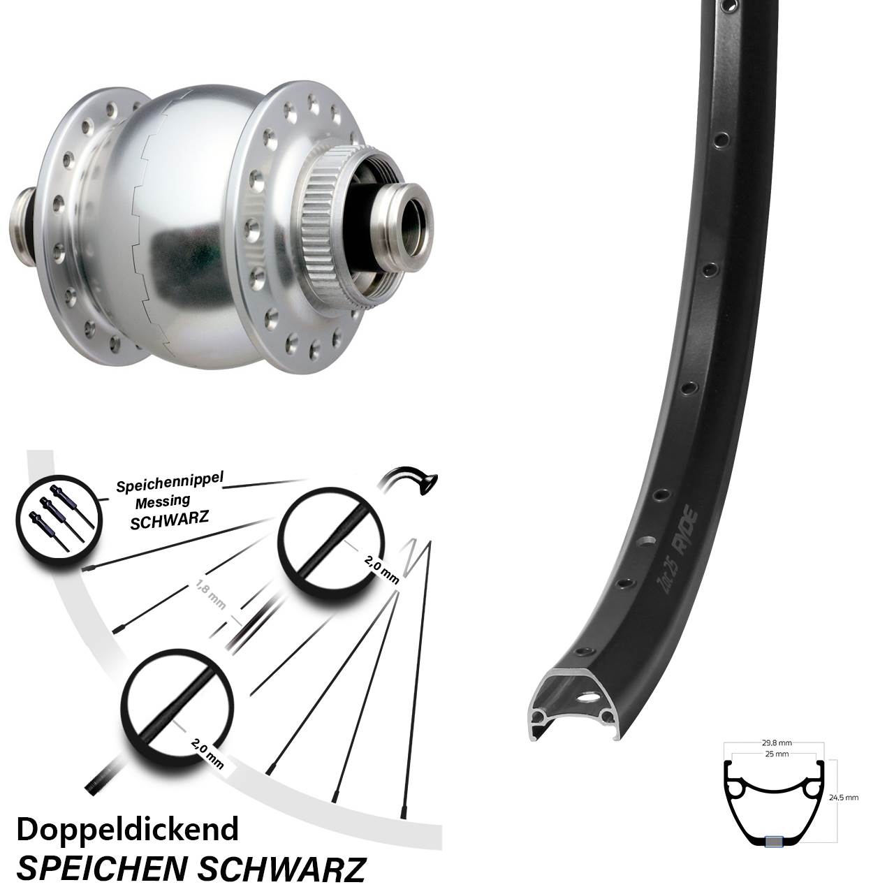 Disc Laufrad mit Nabendynamo 12x100 Ryde ZAC 25 SON 28 Zoll